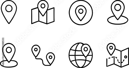 Location and navigation icons set. Map pin, route, destination, global positioning. Outline vector illustrations