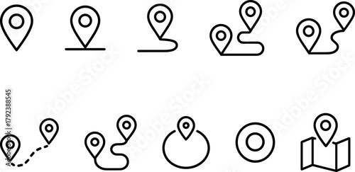 Location and navigation icons set. Map pin, route, destination, global positioning. Outline vector illustrations