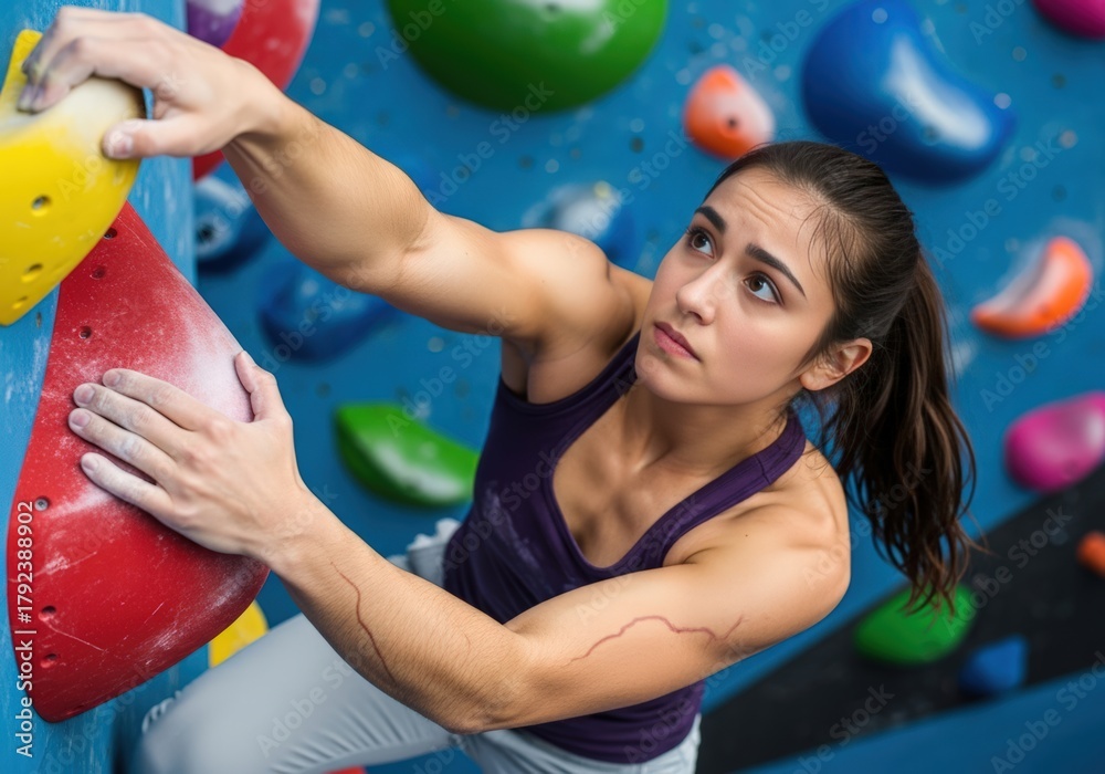 Fototapeta premium Young woman climbing an indoor rock wall, focused on her next move