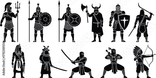 Warrior silhouette vector, ancient fighters, cultural combat styles, swords, shields, armor, black illustration, historic warriors, battle pose, traditional attire, weaponry