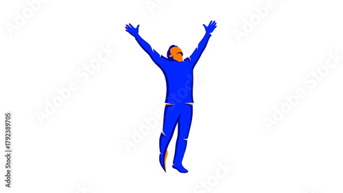 A stylized blue figure with orange accents throws its arms up