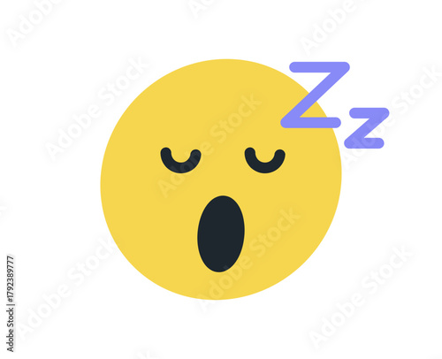 Sleeping face emoji with closed eyes, open mouth and Z letters representing tiredness, rest, nap, and relaxation concept in minimal flat vector illustration.