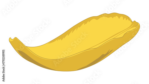A stylized curved yellow banana peel on a white background