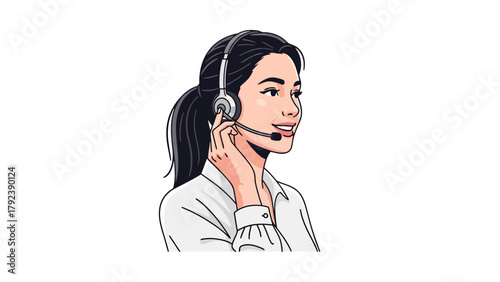 A stylized illustration of a woman wearing a headset and white collared shirt