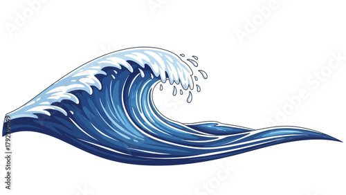 A stylized pixel art depiction of a breaking blue ocean wave with white foam and splashes