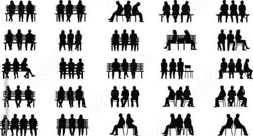 Silhouette, people, sitting, bench, chair, pose, interaction, couple, posture, minimal, design, black, grid, concept, human, body, language, arrangement, seated, lifestyle,