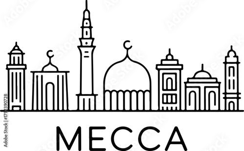 Mecca skyline silhouette of islamic architecture and mosques