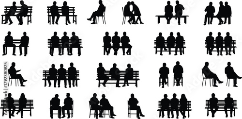 Silhouettes of seated people, bench interaction poses, social body language, couple sitting postures, human communication, relationship gestures, black figures, psychology concept, vector art
