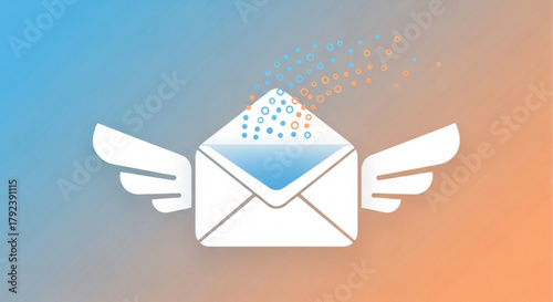 An email with wings flies through the air, delivering messages quickly and efficiently with a modern design