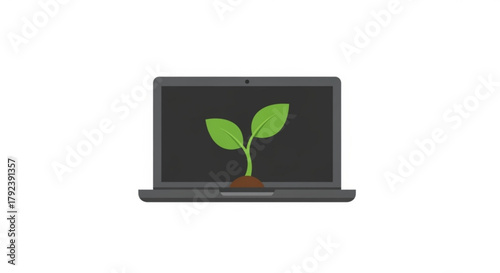 Plant growing from a laptop, symbolizing technologys role in sustainability and environmental awareness
