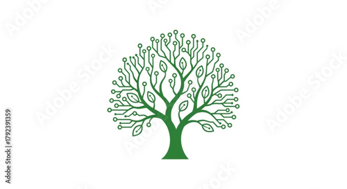 A digital tree with circuitlike branches and leaf nodes, symbolizing the fusion of nature and technology