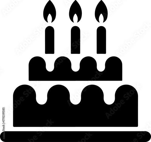Black silhouette of a two tiered birthday cake with three candles