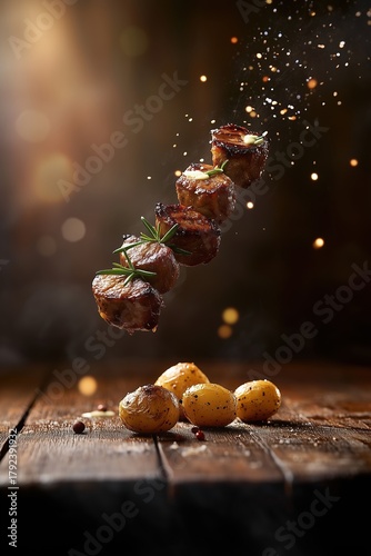 Floating tapa of tender grilled lamb skewers with rosemary and garlic above small roasted potatoes
