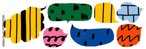 Cute round dialog bubbles with wavy lines and random textures. Paper-inspired shapes bring a playful and modern vibe. Great for creative scrapbooking and fun layouts