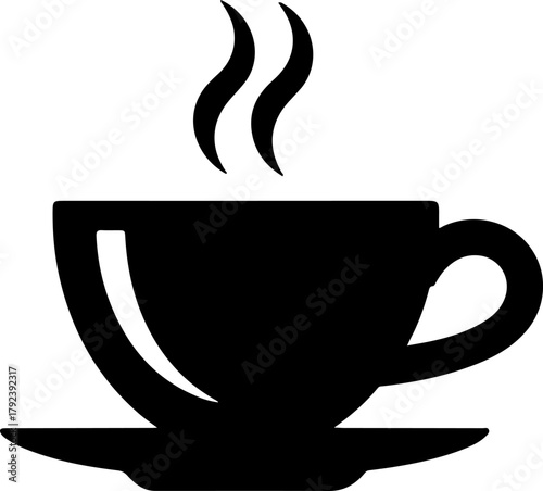 Simple black silhouette of a steaming coffee cup and saucer