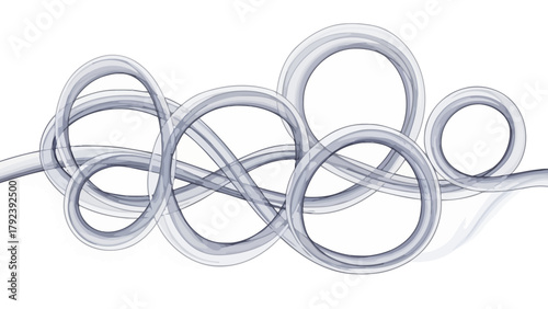 A tangled translucent white tube forming multiple loops and knots