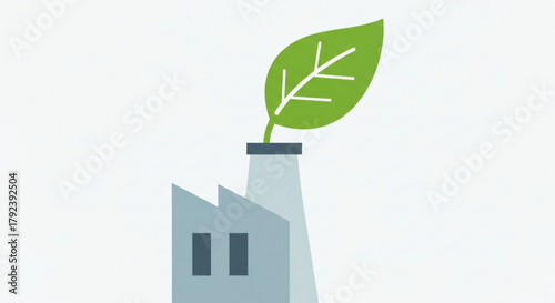 A factory with a leaf growing out of the chimney, symbolizing green energy, concept of ecology