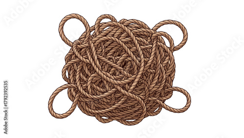 A tangled ball of thick brown fibrous rope with loops