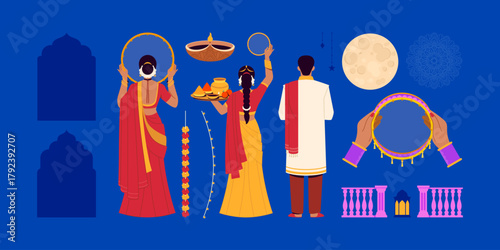 Couple and ritual icons with moon and garlands split layout flat style