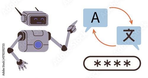 Robot indicating language translations with speech bubbles showing text flow and password encryption. Ideal for AI, translation, robotics, language learning, security, automation, education. Clean