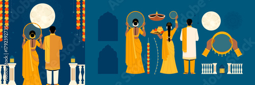 Illustration showing woman man moon pot sieve and offerings flat style