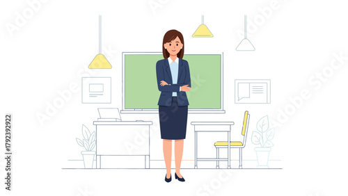 A woman in a suit stands with arms crossed in a classroom