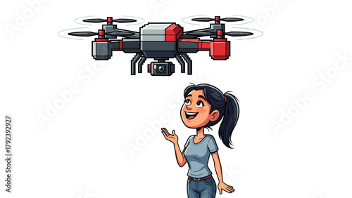 A woman smiles up at a drone flying above her