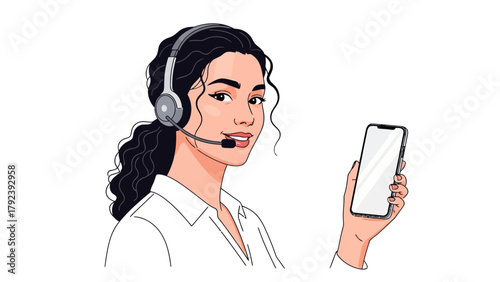 A woman wearing a headset holds a smartphone