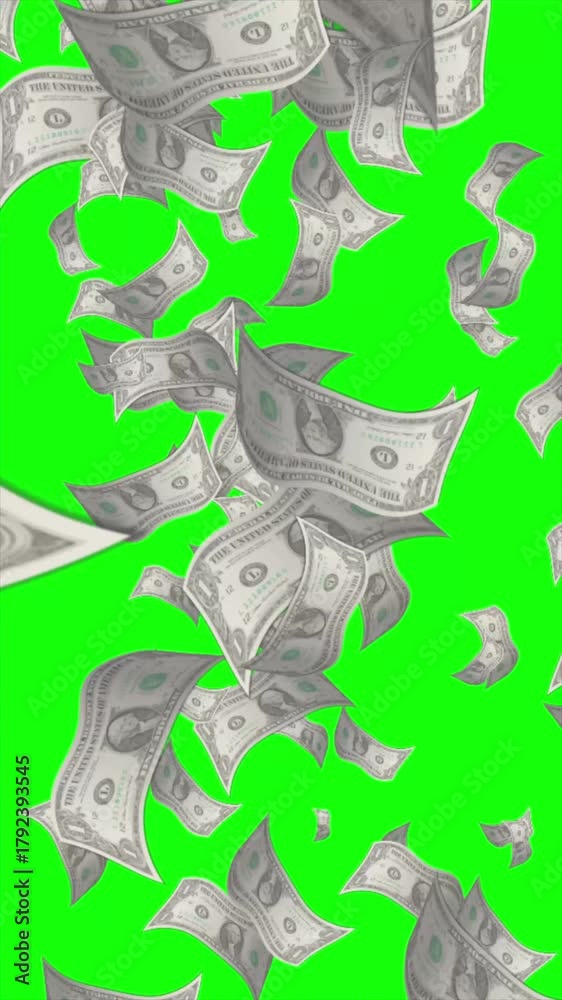 Money falling animation video. Floating dollar bills motion with cash rain effect on green screen background in vertical mobile format