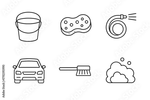Car wash essentials: bucket, sponge, hose, car, brush, suds icons
