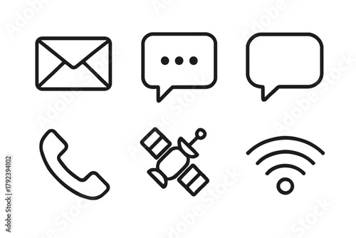 Minimalist communication icons: email, chat, phone, satellite, wifi