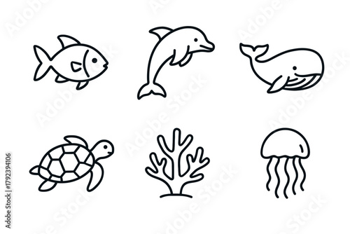 Simple marine life icons: fish, dolphin, whale, turtle, coral, jellyfish
