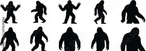 Bigfoot silhouette collection, sasquatch poses, cryptid creature illustration, vector design, mysterious wild man, legendary monster art, abominable snowman walking figure