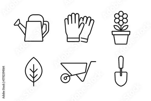 Gardening tool icons: watering can, gloves, flowerpot, leaf, wheelbarrow, trowel