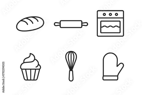 Baking icons: bread, rolling pin, oven, cupcake, whisk, oven mitt