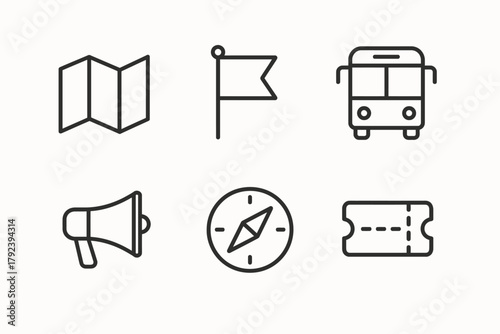 Minimalist travel icons set: map, flag, bus, megaphone, compass, ticket