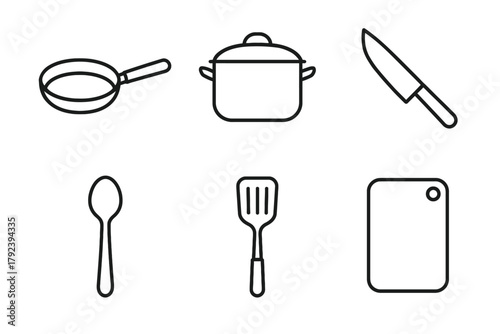 Minimalist kitchen utensil icons: pan, pot, knife, spoon, spatula, cutting board