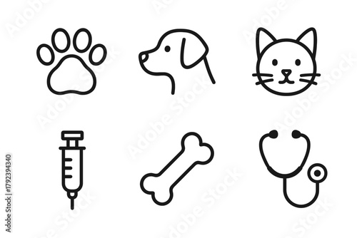 Pet care essentials: dog, cat, paw, vaccine, bone, stethoscope icons