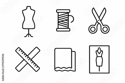 Sewing tools: mannequin, thread, scissors, ruler, fabric, fashion design icons