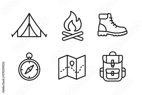 Camping gear icons: tent, campfire, boot, compass, map, backpack