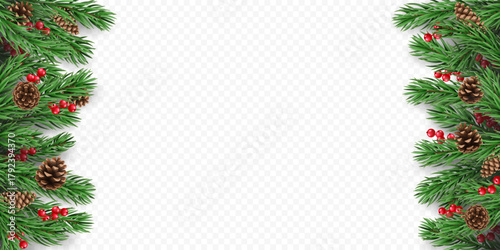 Vector frame with pine tree branches, cones and red berries, isolated on a transparent background. Holiday border fir tree branch for winter banner, poster, greeting card.