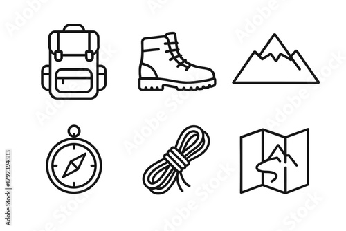 Outdoor adventure icon set: backpack, boot, mountain, compass, rope, map