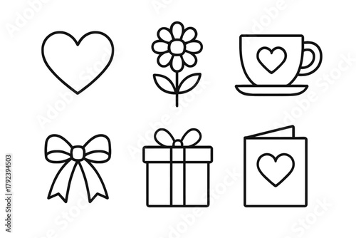 Simple outline icons: heart, flower, cup, bow, gift, card