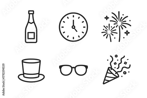 Celebration icons: champagne, clock, fireworks, top hat, glasses, party popper