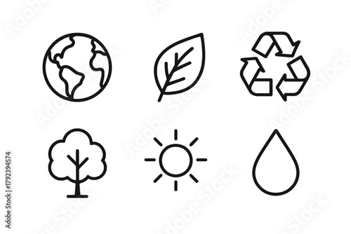Eco-friendly icons set: earth, leaf, recycle, tree, sun, water drop