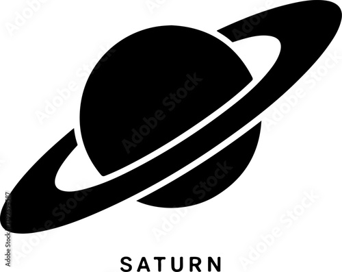 Simple black silhouette of planet saturn with rings and name label
