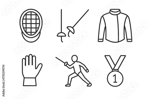 Fencing equipment icons: mask, foil, jacket, glove, fencer, medal