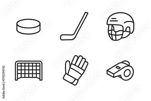 Minimalist hockey icons: puck, stick, helmet, goal, glove, and whistle