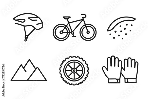 Mountain biking essentials: helmet, bike, mudguard, mountains, tire, gloves icons