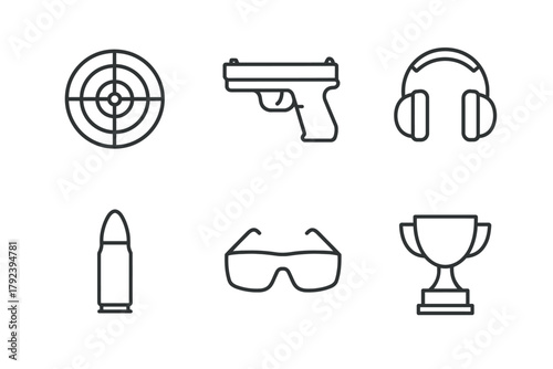 Shooting icons: target, gun, headphones, bullet, glasses, trophy